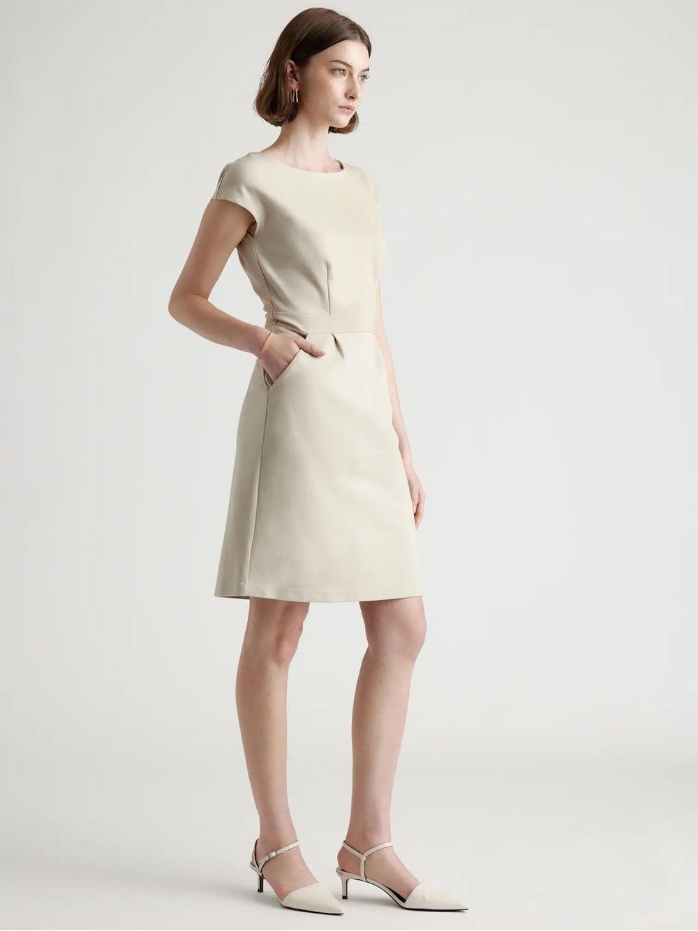 Quince Ultra Stretch Ponte Midi Dress with Cap Sleeves in Beige - Picture 2 of 12